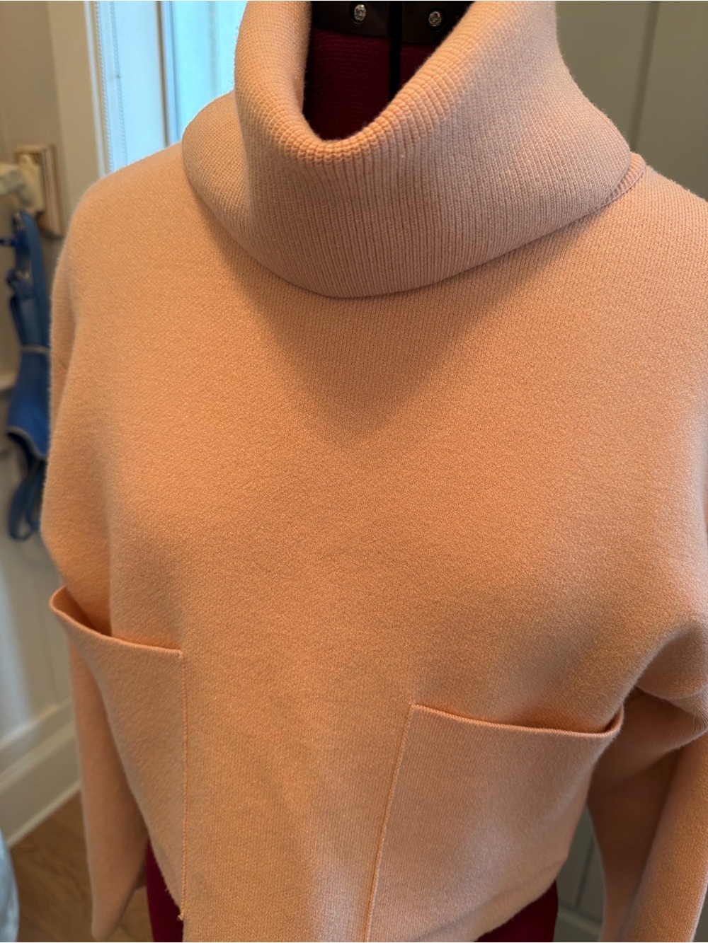 Mango Peach Pink Cropped Turtleneck Sweater with Front Pockets